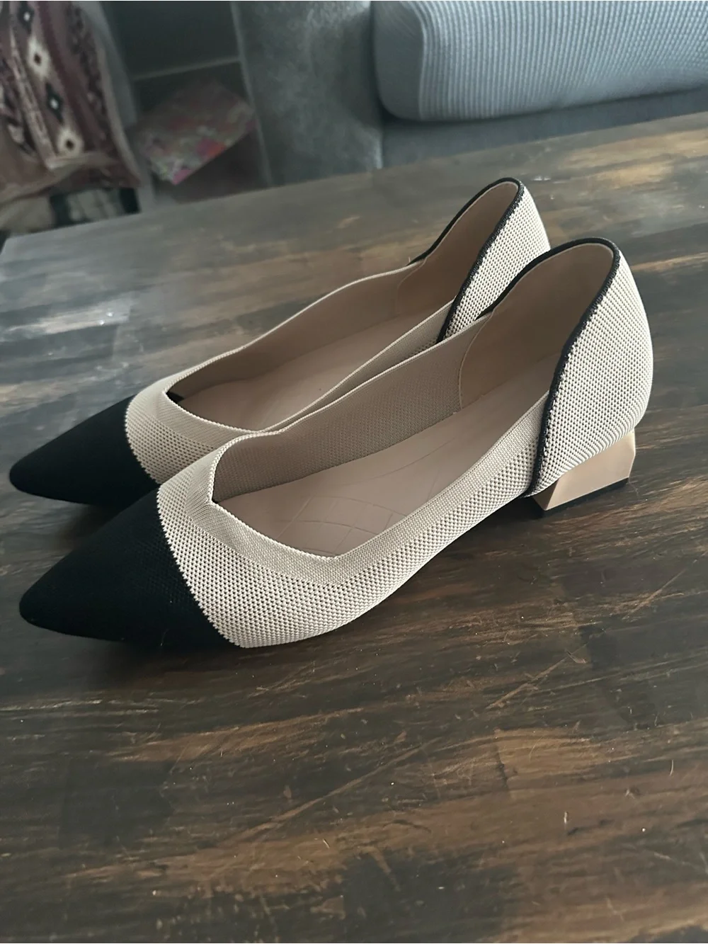 Women's Two-Tone Pointed Toe Flats in Black and Cream